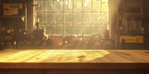 A vacant wooden table in a garage, with a blurred backdrop of tools and workshop gear