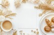 © Odrua Design - Xícara de café elegante com detalhes dourados, acompanhada de doces e decorações festivas em fundo branco, criada com IA generativa para um visual sofisticado e convidativo