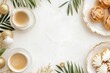 © Odrua Design - Xícara de café elegante com detalhes dourados, acompanhada de doces e decorações festivas em fundo branco, criada com IA generativa para um visual sofisticado e convidativo