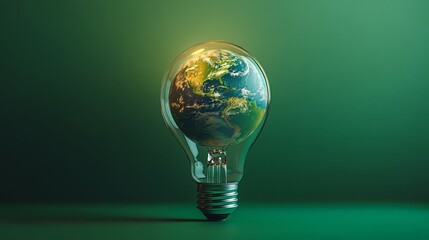 Wall Mural - A transparent light bulb containing a globe, symbolizing innovation and sustainability, set against a green background