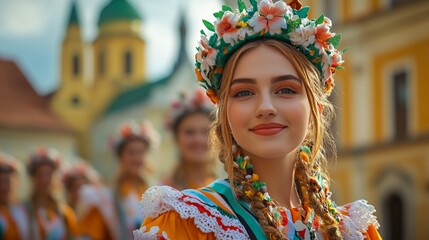 Wall Mural - Young Woman in Traditional Dress With Floral Headpiece Participates in Cultural Festival in a Historic Town Center During Summer