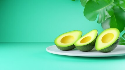 Wall Mural - Fresh Avocados on Plate - Three ripe avocado halves on a white plate, set against a vibrant green background with tropical leaves