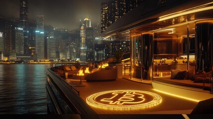 Wall Mural - Private yacht with Bitcoin hull engravings neon reflections and rooftop VIPs