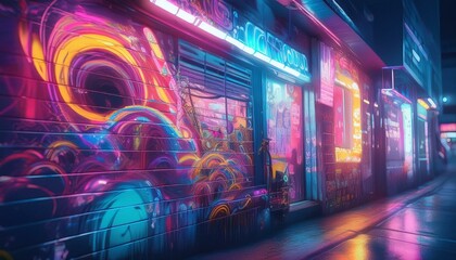 Neon graffiti in city street at night