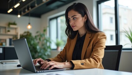 Young professional it specialist latin hispanic business lady working on laptop pc sitting at desk in modern office space. 30s middle eastern indian woman using computer technology app for work online