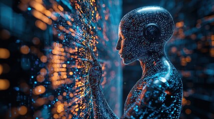 AI humanoid interacts with digital code wall, futuristic server room background, tech concept
