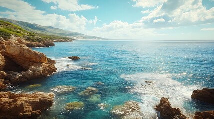 Wall Mural - Waves crashing onto craggy coastline beneath luminous sky with drifting clouds