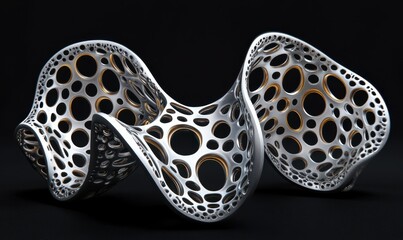 A 3D render of an abstract geometric pattern set against a black background.