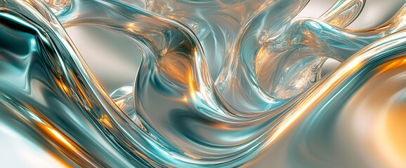 Fototapete - A shiny abstract composition of metallic liquid swirls with smooth fluid motion, showcasing an intricate play of light and colors in blue and orange tones