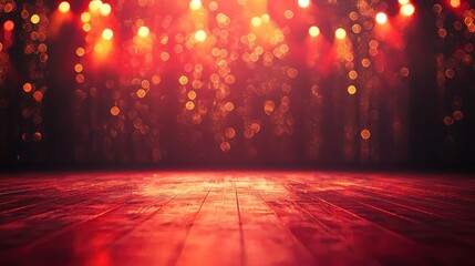 Wall Mural - a dramatic empty stage with a sparkling red background and soft bokeh lights, setting the tone for a