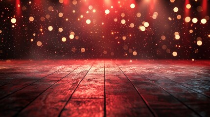 Wall Mural - a dramatic empty stage with a sparkling red background and soft bokeh lights, setting the tone for a