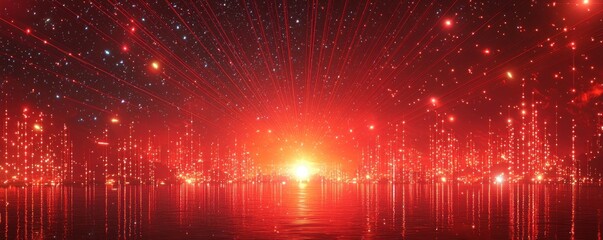 Wall Mural - a dramatic red background illuminated by laser beams, shooting from top to bottom, framed by glowing