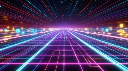 Wall Mural - Futuristic neon cyber action virtual landscape digital art high-tech environment aerial view neon-colored concept