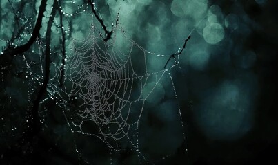 Wall Mural - A spiderweb glistening with dew drops, contrasted against a dark background with bokeh.