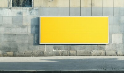 Blank yellow billboard placed on a grey urban wall, sharp color contrast, clean minimal design, ready for creative advertisement concept, outdoor street scene