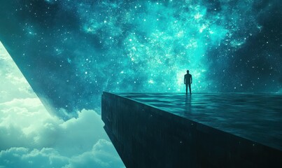 Wall Mural - enigmatic silhouette of a person standing at the edge of a futuristic platform under a glowing blue 