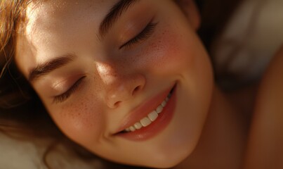 Wall Mural - Close-up portrait of a smiling woman with gentle makeup, softly lit face exuding natural warmth, creamy background for intimate focus.