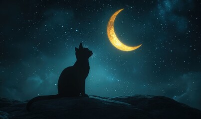 Naklejka na meble A lone black cat gazing into the starlit night, with a glowing crescent moon illuminating its silhouette.