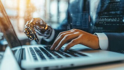 Businessman, robotic hand, laptop, office, coding in progress