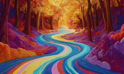 Wall Mural - Generate an image featuring a radiant stream of colors snaking through an otherworldly setting