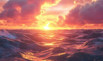 Wall Mural - Dramatic sunset over the ocean with golden waves and vivid streaks of pink and orange in the sky, creating a breathtaking view.