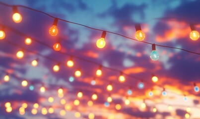 Wall Mural - vibrant and colorful strings of festive lights glowing against a twilight sky, styled to evoke joyfu