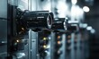 © Vitalii - Industrial security cameras mounted on sleek metal walls, sharp reflections and high-tech design highlighted by soft ambient lighting, urban surveillance concept
