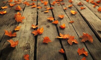 Wall Mural - vibrant orange autumn leaves scattered across a rustic wooden surface, creating a warm seasonal mood