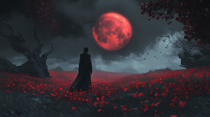 Wall Mural - ominous blood moon higanbana flower field