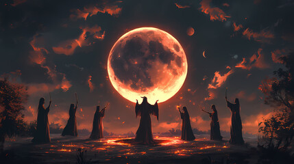 Wall Mural - Witches performing a dark ritual under a blood moon. magic circle ritual. illustration. Blood Moon Rituals. Illustration