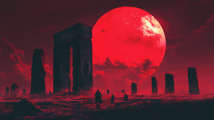 Canvas Print - Apocalyptic sunset stone circle under blood red eclipse. Blood Moon Rituals. Illustration