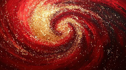 Canvas Print - a magical swirl of golden glitters in red fluid, creating a celestial galaxy effect against a deep r