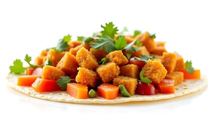 Wall Mural - Crispy golden bites on tortilla with fresh veggies and herbs