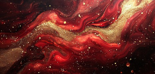 Canvas Print - a mesmerizing red liquid swirling with golden glitter, creating a magical, otherworldly effect with 