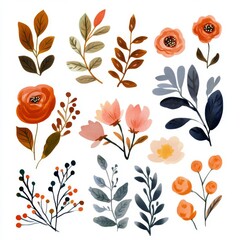 Wall Mural - A collection of watercolor flowers painted on a white base