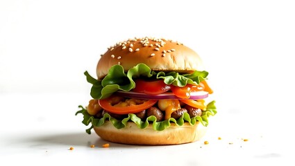 Wall Mural - Juicy burger with lettuce, tomato, onion, and melted cheese on a sesame seed bun