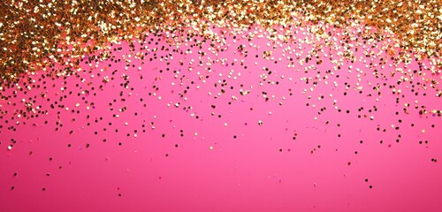 Wall Mural - a photo of a pink background with scattered gold confetti, ideal for festive or celebratory projects