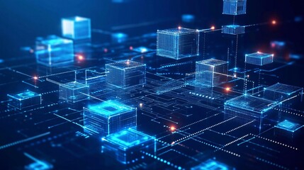 Abstract Digital Network Cubes Futuristic Technology Background Blue Glowing Lines Modern Data Structure Elegant Wireframe Design High Tech Innovation