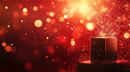 Wall Mural - a red background filled with glowing light dots and lines, topped with a dark gold box, reminiscent 