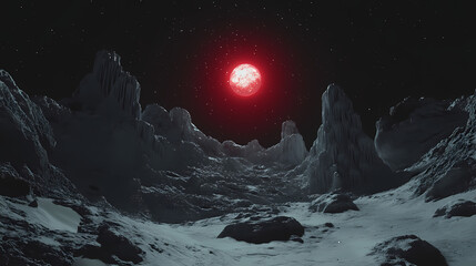 stunning extraterrestrial landscape with glowing star and icy terrain under night sky. generative ai
