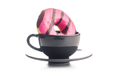 Wall Mural - Sweet pink donut with chocolate strips and coffee cup isolated on white background.