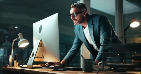 Typing, mature man and computer with feedback for coding, programing and software engineer system update. Overtime, night and person for project management deadline, partnership and development
