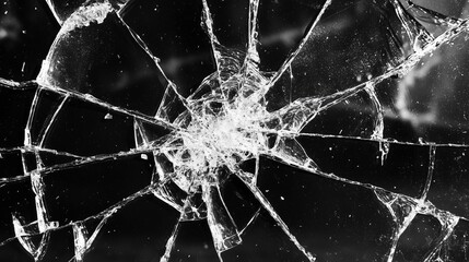 Broken glass surface isolated on black background.