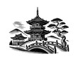 © slowbuzzstudio - traditional East Asian pagoda temple with a curved bridge and a tree engraving black and white outline