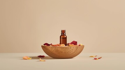 Wall Mural - Essential oil bottle in wooden bowl with rose petals on beige background