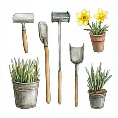 Wall Mural - An isolated watercolor collection of Easter spring garden flowers and tools, showcasing yellow daffodils, blue muscari, and purple hyacinths alongside a watering can, wooden box, and ceramic