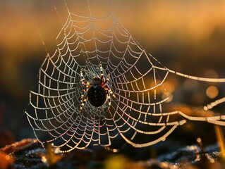Dew-kissed spiderweb, sunrise light, intricate design.