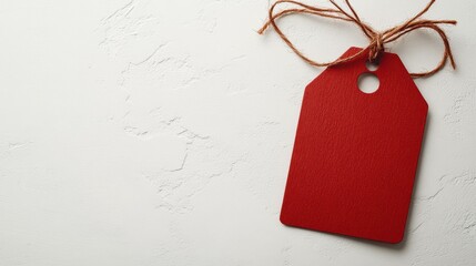 Bright red sale tag tied with twine, perfect for promotions on a clean white backdrop, ideal for discount marketing.