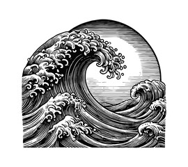 Wall Mural - ocean wave engraving black and white outline