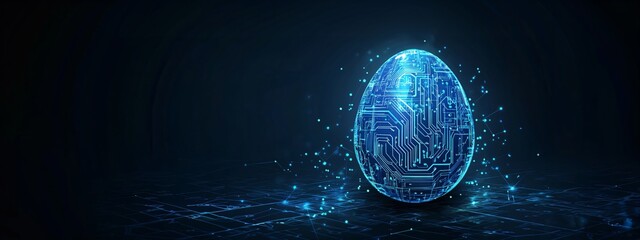 Easter cyber egg with circuit pattern glowing in dark blue background. Digital transformation concept. Modern technology holiday celebration with copy space